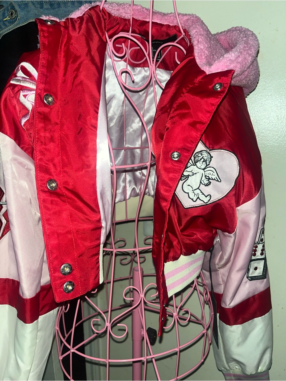 Red and Pink Satin Bomber Jacket with Cherub Patch